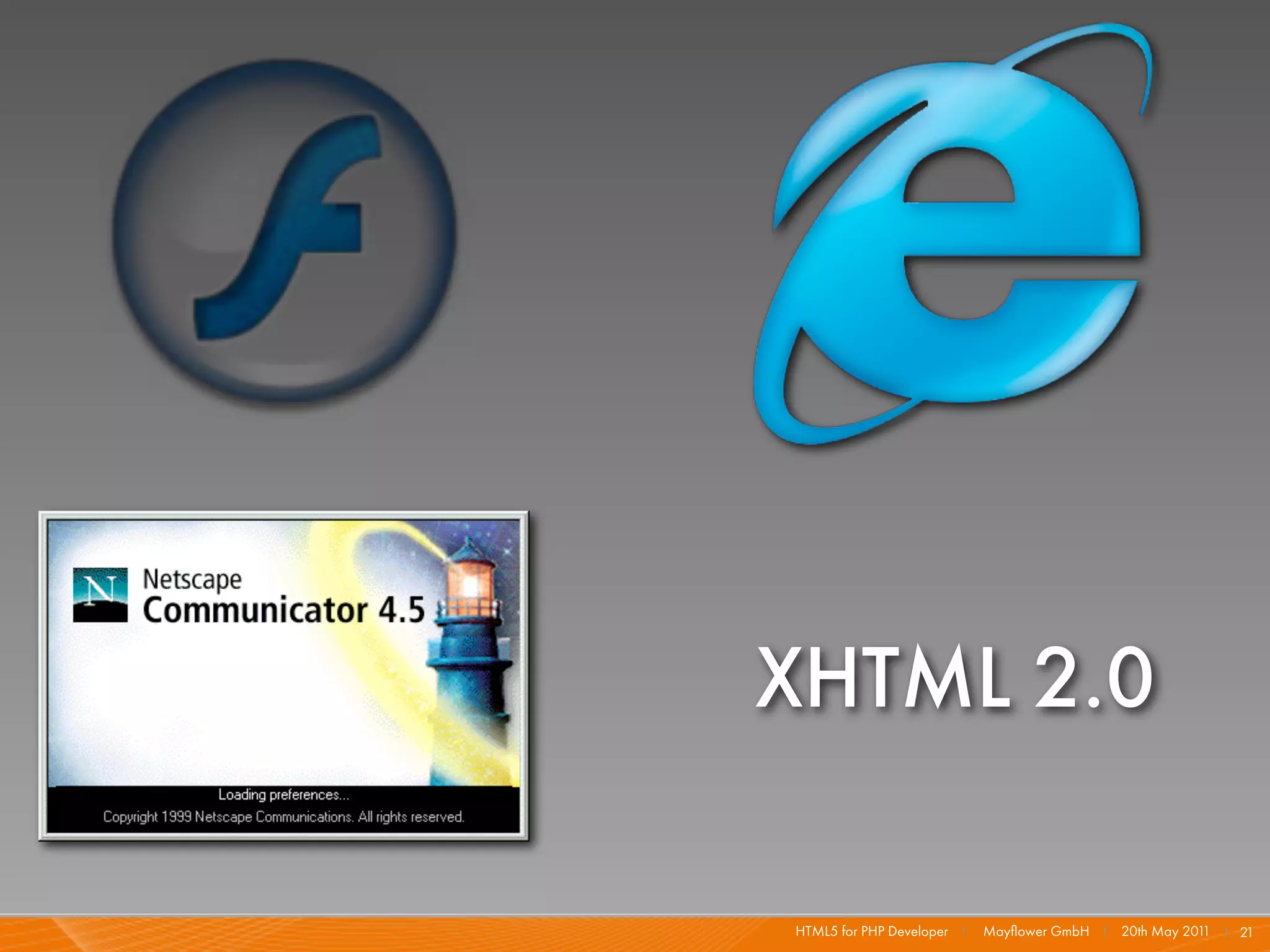 XHTML 2.0

HTML5 for PHP Developer I   Mayﬂower GmbH I 20th May 201 I 21
                                                        1
 