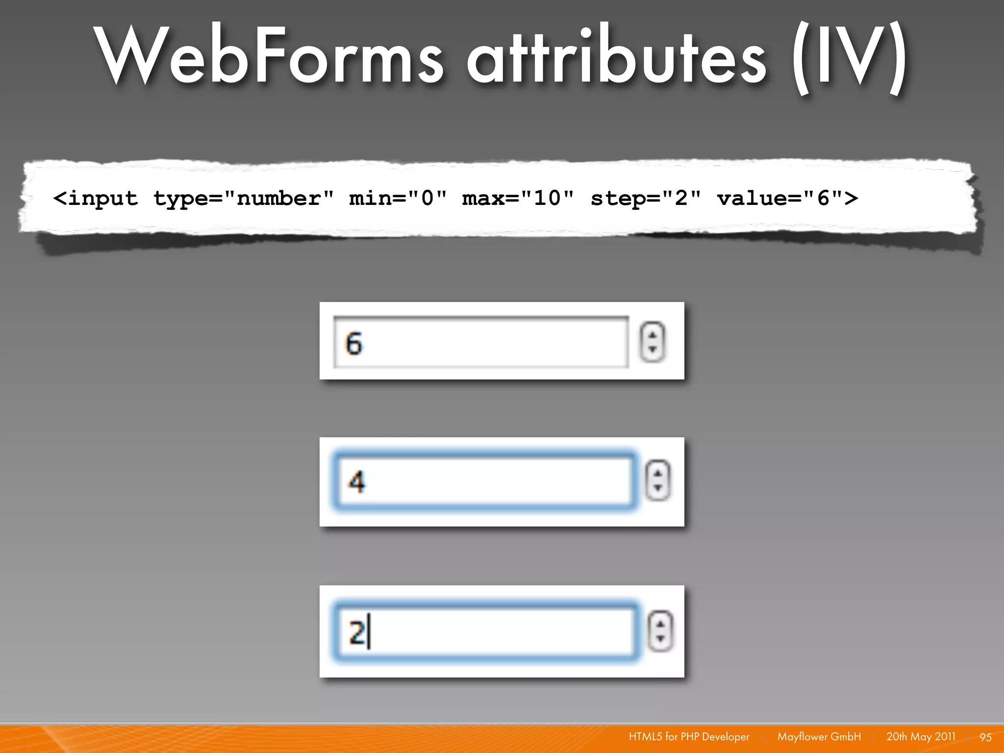 WebForms attributes (IV)
<input type="number" min="0" max="10" step="2" value="6">




                                        HTML5 for PHP Developer I   Mayﬂower GmbH I 20th May 201 I 95
                                                                                                1
 