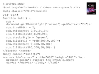 <!DOCTYPE html>
<html lang="en"><head><title>Four rectangles</title>
<meta charset="UTF-8"><script>
var ctx;
function init() {
  ctx =
  document.getElementById('canvas').getContext('2d');
  ctx.lineWidth = 2;
  ctx.strokeRect(0,0,10,10);
  ctx.fillRect(500,0,20,20);
  ctx.strokeStyle = "green";
  ctx.fillStyle = "rgb(200,0,100)";
  ctx.strokeRect(0,300,30,30);
  ctx.fillRect(500,300,50,50); }
</script> </head>
<body onLoad="init();">
<canvas id="canvas" width="600" height="400"> Your
  browser doesn't support the HTML5 element
  canvas.</canvas> </body> </html>
 