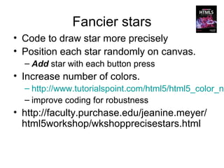 Fancier stars
• Code to draw star more precisely
• Position each star randomly on canvas.
  – Add star with each button press
• Increase number of colors.
  – http://www.tutorialspoint.com/html5/html5_color_na
  – improve coding for robustness
• http://faculty.purchase.edu/jeanine.meyer/
  html5workshop/wkshopprecisestars.html
 