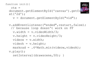 function init(){
   ctx =
  document.getElementById('canvas').getConte
  xt('2d');
    v = document.getElementById("vid");

  v.addEventListener("ended",restart,false);
   // because loop doesn't work on FF
    v.width = v.videoWidth/3;
    v.height = v.videoHeight/3;
    videow = v.width;
    videoh = v.height;
    maskrad = .4*Math.min(videow,videoh);
  v.play();
    setInterval(drawscene,50); }
 
