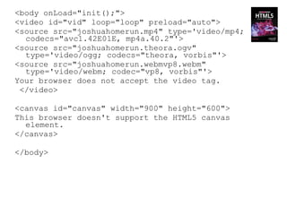 <body onLoad="init();">
<video id="vid" loop="loop" preload="auto">
<source src="joshuahomerun.mp4" type='video/mp4;
  codecs="avc1.42E01E, mp4a.40.2"'>
<source src="joshuahomerun.theora.ogv"
  type='video/ogg; codecs="theora, vorbis"'>
<source src="joshuahomerun.webmvp8.webm"
  type='video/webm; codec="vp8, vorbis"'>
Your browser does not accept the video tag.
 </video>

<canvas id="canvas" width="900" height="600">
This browser doesn't support the HTML5 canvas
  element.
</canvas>

</body>
 