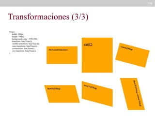 108

Transformaciones (3/3)
#caja {
width: 200px;
height: 100px;
background-color: #FFA500;
transform: funcTrans();
-webkit-transform: funcTrans();
-moz-transform: funcTrans();
-o-transform: funcTrans();
-ms-transform: funcTrans();
}

 