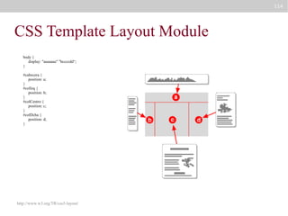 114

CSS Template Layout Module
body {
display: "aaaaaaa" "bccccdd“;
}
#cabecera {
position: a;
}
#colIzq {
position: b;
}
#colCentro {
position: c;
}
#colDcha {
position: d;
}

http://www.w3.org/TR/css3-layout/

 