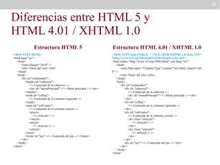37

Diferencias entre HTML 5 y
HTML 4.01 / XHTML 1.0
Estructura HTML 5
<!DOCTYPE HTML>
<html lang="es">
<head>
<meta charset="utf-8" />
<title>Título del sitio</title>
</head>
<body>
<div id="contenedor">
<header id="cabecera">
<!-- Contenido de la cabecera -->
<nav id="menuPrincipal"><!-- Menú principal --></nav>
</header>
<aside id="colIzq">
<!-- Contenido de la columna izquierda -->
</aside>
<main id="colCentro">
<!-- Contenido de la columna central -->
<article>
<!-- Artículo 1 -->
</article>
<article>
<!-- Artículo 2 -->
</article>
</main>
<footer id="pie"><!-- Contenido del pie --></footer>
</div>
</body>
</html>

Estructura HTML 4.01 / XHTML 1.0
<!DOCTYPE html PUBLIC "-//W3C//DTD XHTML 1.0 Strict//EN"
"http://www.w3.org/TR/xhtml1/DTD/xhtml1-strict.dtd">
<html xmlns="http://www.w3.org/1999/xhtml" xml:lang="es">
<head>
<meta http-equiv="Content-Type" content="text/html; charset=utf8" />
<title>Título del sitio</title>
</head>
<body>
<div id="contenedor">
<div id="cabecera">
<!-- Contenido de la cabecera -->
<div id="menuPrincipal"><!-- Menú principal --></div>
</div>
<div id="colIzq">
<!-- Contenido de la columna izquierda -->
</div>
<div id="colCentro">
<!-- Contenido de la columna central -->
<div class="articulo">
<!-- Artículo 1 -->
</div>
<div class="articulo">
<!-- Artículo 2 -->
</div>
</div>
<div id="pie"><!-- Contenido del pie --></div>
</div>
</body>
</html>

 