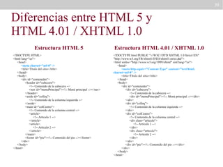39

Diferencias entre HTML 5 y
HTML 4.01 / XHTML 1.0
Estructura HTML 5
<!DOCTYPE HTML>
<html lang="es">
<head>
<meta charset="utf-8" />
<title>Título del sitio</title>
</head>
<body>
<div id="contenedor">
<header id="cabecera">
<!-- Contenido de la cabecera -->
<nav id="menuPrincipal"><!-- Menú principal --></nav>
</header>
<aside id="colIzq">
<!-- Contenido de la columna izquierda -->
</aside>
<main id="colCentro">
<!-- Contenido de la columna central -->
<article>
<!-- Artículo 1 -->
</article>
<article>
<!-- Artículo 2 -->
</article>
</main>
<footer id="pie"><!-- Contenido del pie --></footer>
</div>
</body>
</html>

Estructura HTML 4.01 / XHTML 1.0
<!DOCTYPE html PUBLIC "-//W3C//DTD XHTML 1.0 Strict//EN"
"http://www.w3.org/TR/xhtml1/DTD/xhtml1-strict.dtd">
<html xmlns="http://www.w3.org/1999/xhtml" xml:lang="es">
<head>
<meta http-equiv="Content-Type" content="text/html;
charset=utf-8" />
<title>Título del sitio</title>
</head>
<body>
<div id="contenedor">
<div id="cabecera">
<!-- Contenido de la cabecera -->
<div id="menuPrincipal"><!-- Menú principal --></div>
</div>
<div id="colIzq">
<!-- Contenido de la columna izquierda -->
</div>
<div id="colCentro">
<!-- Contenido de la columna central -->
<div class="articulo">
<!-- Artículo 1 -->
</div>
<div class="articulo">
<!-- Artículo 2 -->
</div>
</div>
<div id="pie"><!-- Contenido del pie --></div>
</div>
</body>
</html>

 