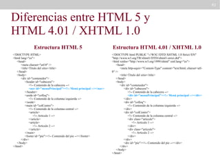 41

Diferencias entre HTML 5 y
HTML 4.01 / XHTML 1.0
Estructura HTML 5

Estructura HTML 4.01 / XHTML 1.0

<!DOCTYPE HTML>
<html lang="es">
<head>
<meta charset="utf-8" />
<title>Título del sitio</title>
</head>
<body>
<div id="contenedor">
<header id="cabecera">
<!-- Contenido de la cabecera -->
<nav id="menuPrincipal"><!-- Menú principal --></nav>
</header>
<aside id="colIzq">
<!-- Contenido de la columna izquierda -->
</aside>
<main id="colCentro">
<!-- Contenido de la columna central -->
<article>
<!-- Artículo 1 -->
</article>
<article>
<!-- Artículo 2 -->
</article>
</main>
<footer id="pie"><!-- Contenido del pie --></footer>
</div>
</body>
</html>

<!DOCTYPE html PUBLIC "-//W3C//DTD XHTML 1.0 Strict//EN"
"http://www.w3.org/TR/xhtml1/DTD/xhtml1-strict.dtd">
<html xmlns="http://www.w3.org/1999/xhtml" xml:lang="es">
<head>
<meta http-equiv="Content-Type" content="text/html; charset=utf8" />
<title>Título del sitio</title>
</head>
<body>
<div id="contenedor">
<div id="cabecera">
<!-- Contenido de la cabecera -->
<div id="menuPrincipal"><!-- Menú principal --></div>
</div>
<div id="colIzq">
<!-- Contenido de la columna izquierda -->
</div>
<div id="colCentro">
<!-- Contenido de la columna central -->
<div class="articulo">
<!-- Artículo 1 -->
</div>
<div class="articulo">
<!-- Artículo 2 -->
</div>
</div>
<div id="pie"><!-- Contenido del pie --></div>
</div>
</body>
</html>

 
