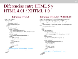 45

Diferencias entre HTML 5 y
HTML 4.01 / XHTML 1.0
Estructura HTML 5
<!DOCTYPE HTML>
<html lang="es">
<head>
<meta charset="utf-8" />
<title>Título del sitio</title>
</head>
<body>
<div id="contenedor">
<header id="cabecera">
<!-- Contenido de la cabecera -->
<nav id="menuPrincipal"><!-- Menú principal --></nav>
</header>
<aside id="colIzq">
<!-- Contenido de la columna izquierda -->
</aside>
<main id="colCentro">
<!-- Contenido de la columna central -->
<article>
<!-- Artículo 1 -->
</article>
<article>
<!-- Artículo 2 -->
</article>
</main>
<footer id="pie"><!-- Contenido del pie --></footer>
</div>
</body>
</html>

Estructura HTML 4.01 / XHTML 1.0
<!DOCTYPE html PUBLIC "-//W3C//DTD XHTML 1.0 Strict//EN"
"http://www.w3.org/TR/xhtml1/DTD/xhtml1-strict.dtd">
<html xmlns="http://www.w3.org/1999/xhtml" xml:lang="es">
<head>
<meta http-equiv="Content-Type" content="text/html; charset=utf8" />
<title>Título del sitio</title>
</head>
<body>
<div id="contenedor">
<div id="cabecera">
<!-- Contenido de la cabecera -->
<div id="menuPrincipal"><!-- Menú principal --></div>
</div>
<div id="colIzq">
<!-- Contenido de la columna izquierda -->
</div>
<div id="colCentro">
<!-- Contenido de la columna central -->
<div class="articulo">
<!-- Artículo 1 -->
</div>
<div class="articulo">
<!-- Artículo 2 -->
</div>
</div>
<div id="pie"><!-- Contenido del pie --></div>
</div>
</body>
</html>

 