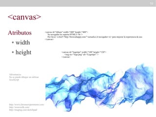 52

<canvas>
Atributos
●

width

●

height

Advertencia:
No se puede dibujar sin utilizar
JavaScript

http://www.chromeexperiments.com/
http://weavesilk.com/
http://mugtug.com/sketchpad/

<canvas id="dibujo" width="400" height="400">
Su navegador no soporta HTML5.<br />
Por favor <a href="http://browsehappy.com/">actualice el navegador</a> para mejorar la experiencia de uso.
</canvas>

<canvas id="logotipo" width="100" height="120">
<img src="logo.png" alt="Logotipo" />
</canvas>

 