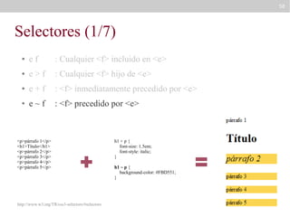 58

Selectores (1/7)
●

ef

: Cualquier <f> incluido en <e>

●

e>f

: Cualquier <f> hijo de <e>

●

e+f

: <f> inmediatamente precedido por <e>

●

e~f

: <f> precedido por <e>

<p>párrafo 1</p>
<h1>Título</h1>
<p>párrafo 2</p>
<p>párrafo 3</p>
<p>párrafo 4</p>
<p>párrafo 5</p>

http://www.w3.org/TR/css3-selectors/#selectors

h1 + p {
font-size: 1.5em;
font-style: italic;
}
h1 ~ p {
background-color: #FBD551;
}

 
