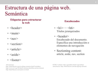 6

Estructura de una página web.
Semántica
Etiquetas para estructurar
la web
●

●

<header>

Encabezados
●

Títulos jerarquizados

<main>

●

<nav>

●

<article>

●

<aside>

●

●

<section>

●

<h1> ··· <h6>
<header>

<footer>

Advertencias:
http://html5doctor.com/avoiding-common-html5-mistakes/
http://www.w3.org/TR/html5/sections.html#the-section-element
http://html5doctor.com/aside-revisited/

Encabezado del documento.
Especifica una introducción o
elementos de navegación
●

Sectioning content:

article, aside, nav, section

HTML5 outliner: http://gsnedders.html5.org/outliner
Advertencia: http://html5doctor.com/the-hgroup-element/

 