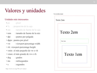71

Valores y unidades
Unidades más interesantes
●

px

: píxel

●

%

●

em

: tamaño de fuente de la caja

●

rem

: tamaño de fuente de la raíz

●

dpi

: puntos por pulgada

●

dppx : puntos por píxel

●

vw

●

vh : viewport-percentage height

●

vmin : el más pequeño de vw o vh

●

vmax: el más grande de vw o vh

●

deg

: grados

●

ms

: milisegundos

●

s

: segundos

: proporción de la caja

: viewport-percentage width

http://www.w3.org/TR/css3-values/

 