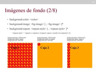 80

Imágenes de fondo (2/8)
●

background-color: <color>

●

background-image: <bg-image> [ , <bg-image> ]*

●

background-repeat: <repeat-style> [ , <repeat-style> ]*
–

<repeat-style> = repeat-x | repeat-y | [repeat | space | round | no-repeat]{1,2}

background-image: url('bola.png');
background-repeat: repeat;
background-color: #FFA500;

background-image: url('bola.png');
background-repeat: no-repeat;
background-color: #FFA500;

background-image: url('bola.png');
background-repeat: repeat-y;
background-color: #FFA500;

 