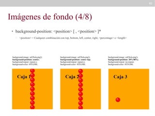 82

Imágenes de fondo (4/8)
●

background-position: <position> [ , <position> ]*
–

<position> = Cualquier combinación con top, bottom, left, center, right, <percentage> o <length>

background-image: url('bola.png');
background-position: center;
background-repeat: repeat-y;
background-color: #FFA500;

background-image: url('bola.png');
background-position: center top;
background-repeat: repeat-y;
background-color: #FFA500;

background-image: url('bola.png');
background-position: 20% 80%;
background-repeat: no-repeat;
background-color: #FFA500;

 