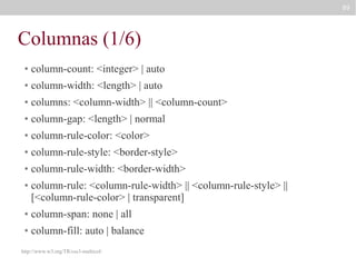 89

Columnas (1/6)
●

column-count: <integer> | auto

●

column-width: <length> | auto

●

columns: <column-width> || <column-count>

●

column-gap: <length> | normal

●

column-rule-color: <color>

●

column-rule-style: <border-style>

●

column-rule-width: <border-width>

●

column-rule: <column-rule-width> || <column-rule-style> ||
[<column-rule-color> | transparent]

●

column-span: none | all

●

column-fill: auto | balance

http://www.w3.org/TR/css3-multicol/

 