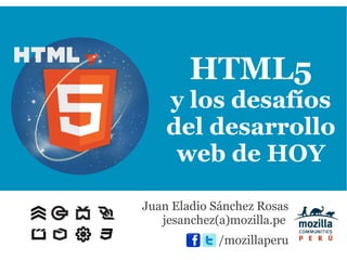 Mozilla Perú / Mozilla Campus Day

Promover el desarrollo de Internet y la web en
nuestro país

       Para estudiantes y docentes de
      universidades e institutos peruanos

     Conferencias y talleres sobre tecnologías de
                           vanguardia en Internet


                    mozilla.pe/mcd-html5
 