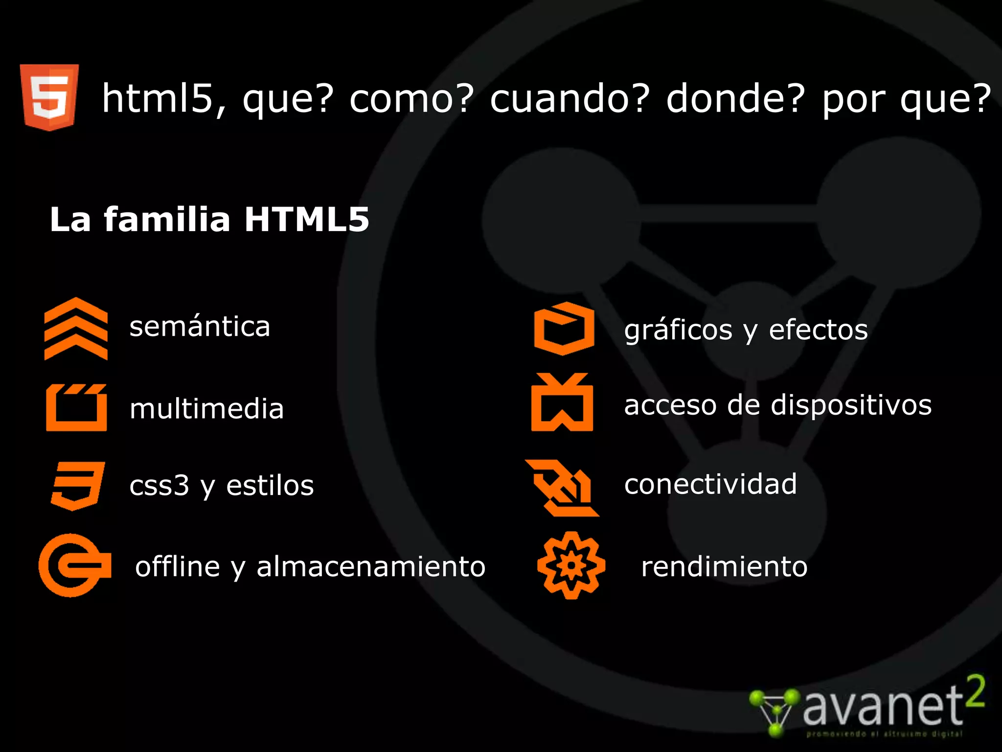 html5, que? como? cuando? donde? por que?


La familia HTML5


   semántica                   gráficos y efectos

   multimedia                  acceso de dispositivos

   css3 y estilos              conectividad

    offline y almacenamiento    rendimiento
 