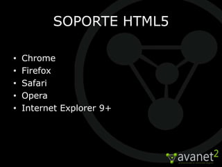 SOPORTE HTML5

•   Chrome
•   Firefox
•   Safari
•   Opera
•   Internet Explorer 9+
 