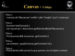 <canvas id="Mycanvas" width="480" height="320"></canvas> 
function testCanvas() { 
var mycanvas = document.getElementById(‘Mycanvas’); 
if (mycanvas && mycanvas .getContext) { 
var context = graphCanvas.getContext(‘2d’); 
Pinta dentro del canvas lo que quieras con el objeto context 
 