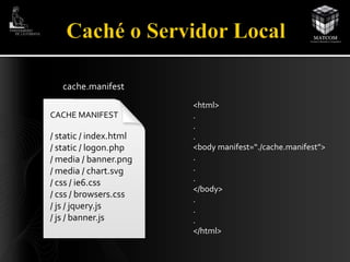 cache.manifest 
CACHE MANIFEST 
/ static / index.html 
/ static / logon.php 
/ media / banner.png 
/ media / chart.svg 
/ css / ie6.css 
/ css / browsers.css 
/ js / jquery.js 
/ js / banner.js 
<html> 
. 
. 
. 
<body manifest=“./cache.manifest”> 
. 
. 
. 
</body> 
. 
. 
. 
</html> 
 