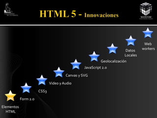 Elementos 
HTML 
Form 2.0 
CSS3 
Canvas y SVG 
Video y Audio 
Geolocalización 
JavaScript 2.0 
Datos 
Locales 
Web 
workers 
 