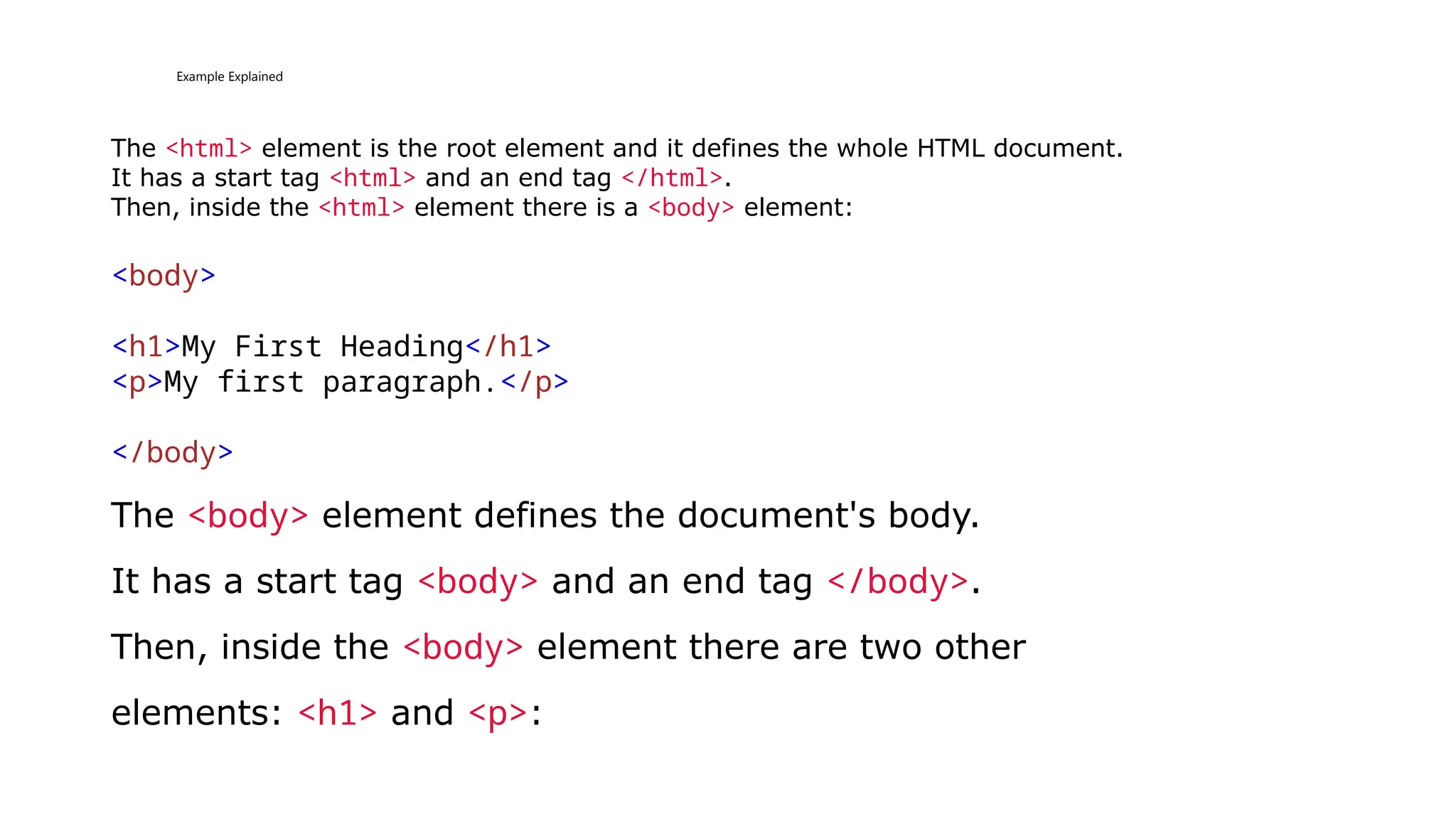 Example Explained
The <html> element is the root element and it defines the whole HTML document.
It has a start tag <html> and an end tag </html>.
Then, inside the <html> element there is a <body> element:
<body>
<h1>My First Heading</h1>
<p>My first paragraph.</p>
</body>
The <body> element defines the document's body.
It has a start tag <body> and an end tag </body>.
Then, inside the <body> element there are two other
elements: <h1> and <p>:
 