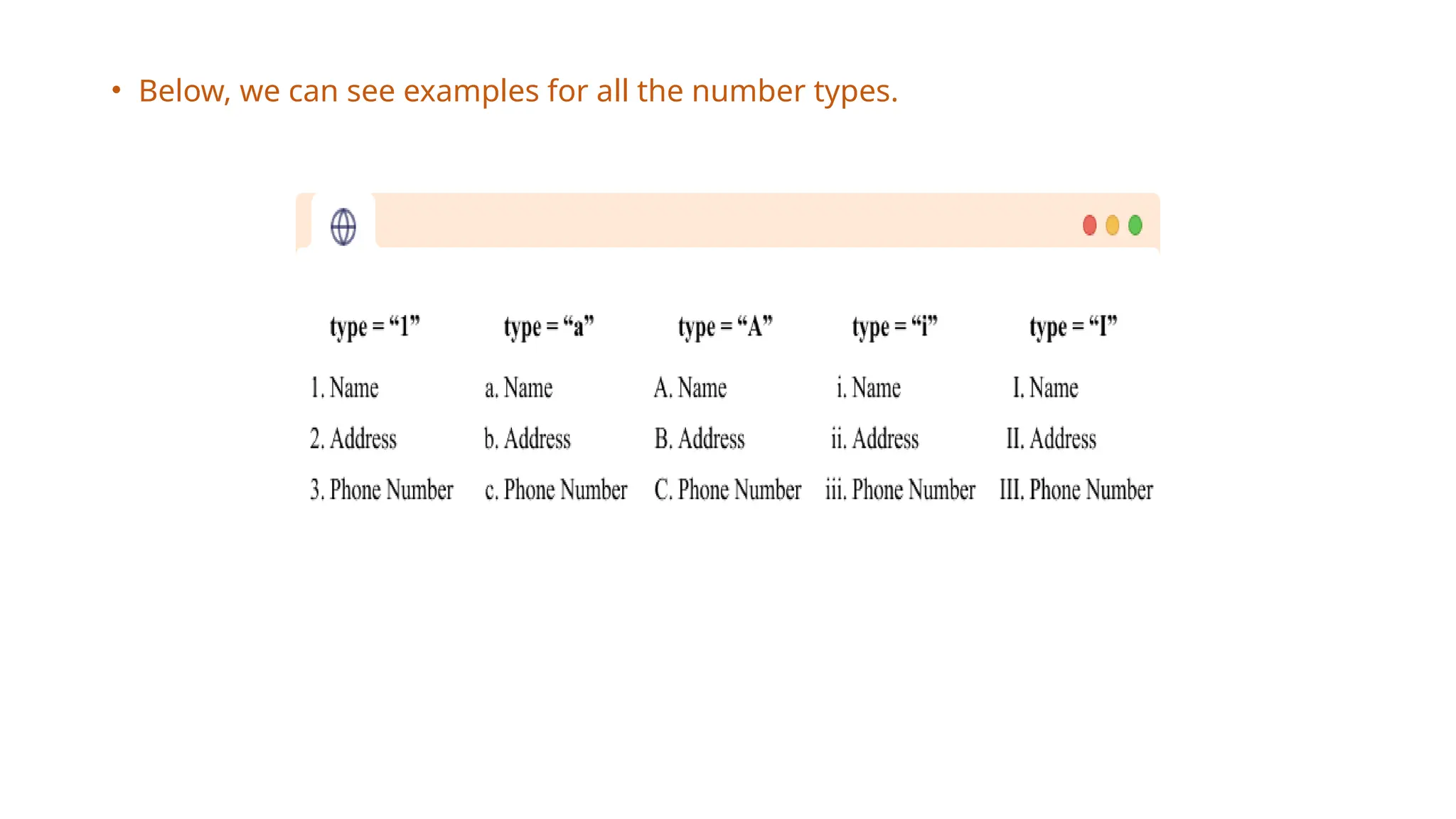 • Below, we can see examples for all the number types.
 