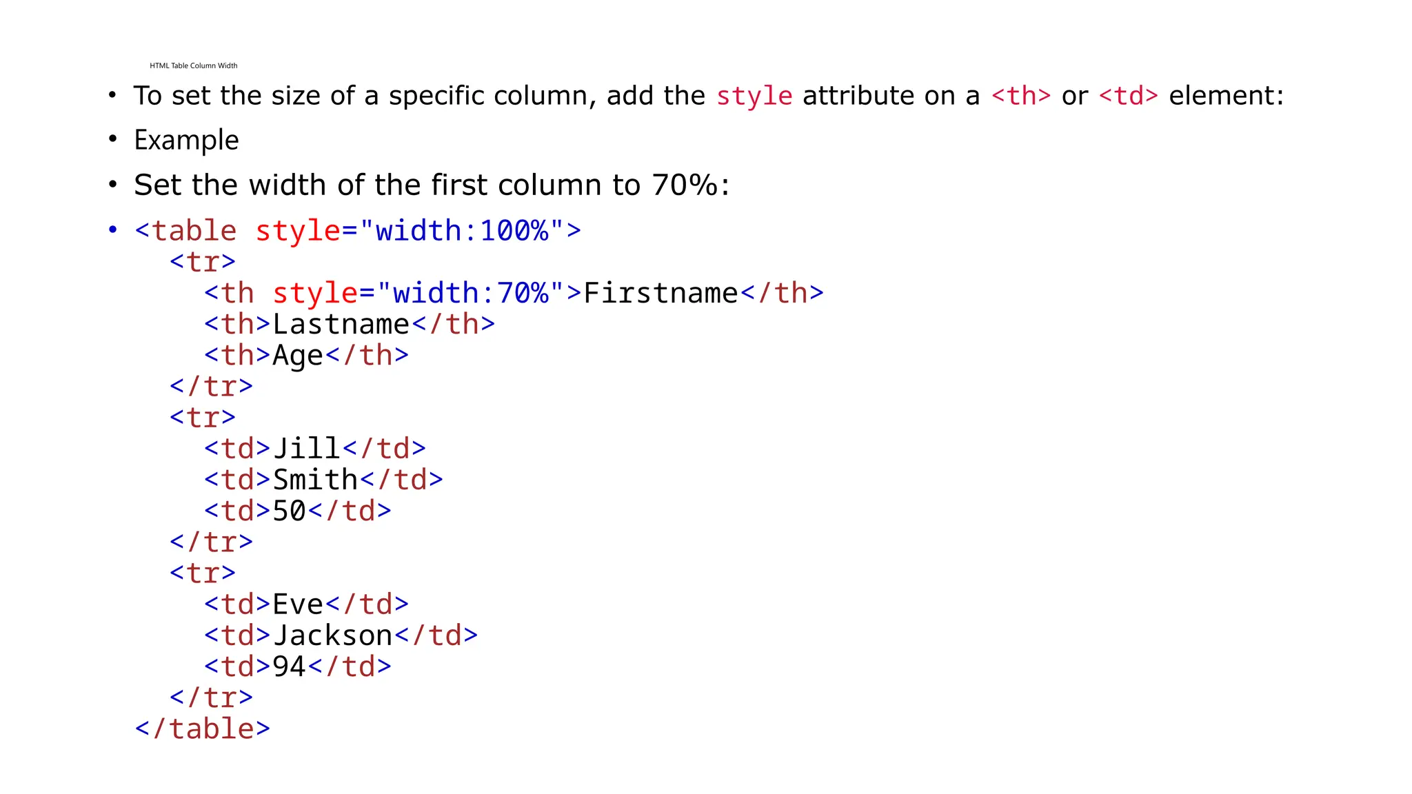 HTML Table Column Width
• To set the size of a specific column, add the style attribute on a <th> or <td> element:
• Example
• Set the width of the first column to 70%:
• <table style="width:100%">
<tr>
<th style="width:70%">Firstname</th>
<th>Lastname</th>
<th>Age</th>
</tr>
<tr>
<td>Jill</td>
<td>Smith</td>
<td>50</td>
</tr>
<tr>
<td>Eve</td>
<td>Jackson</td>
<td>94</td>
</tr>
</table>
 