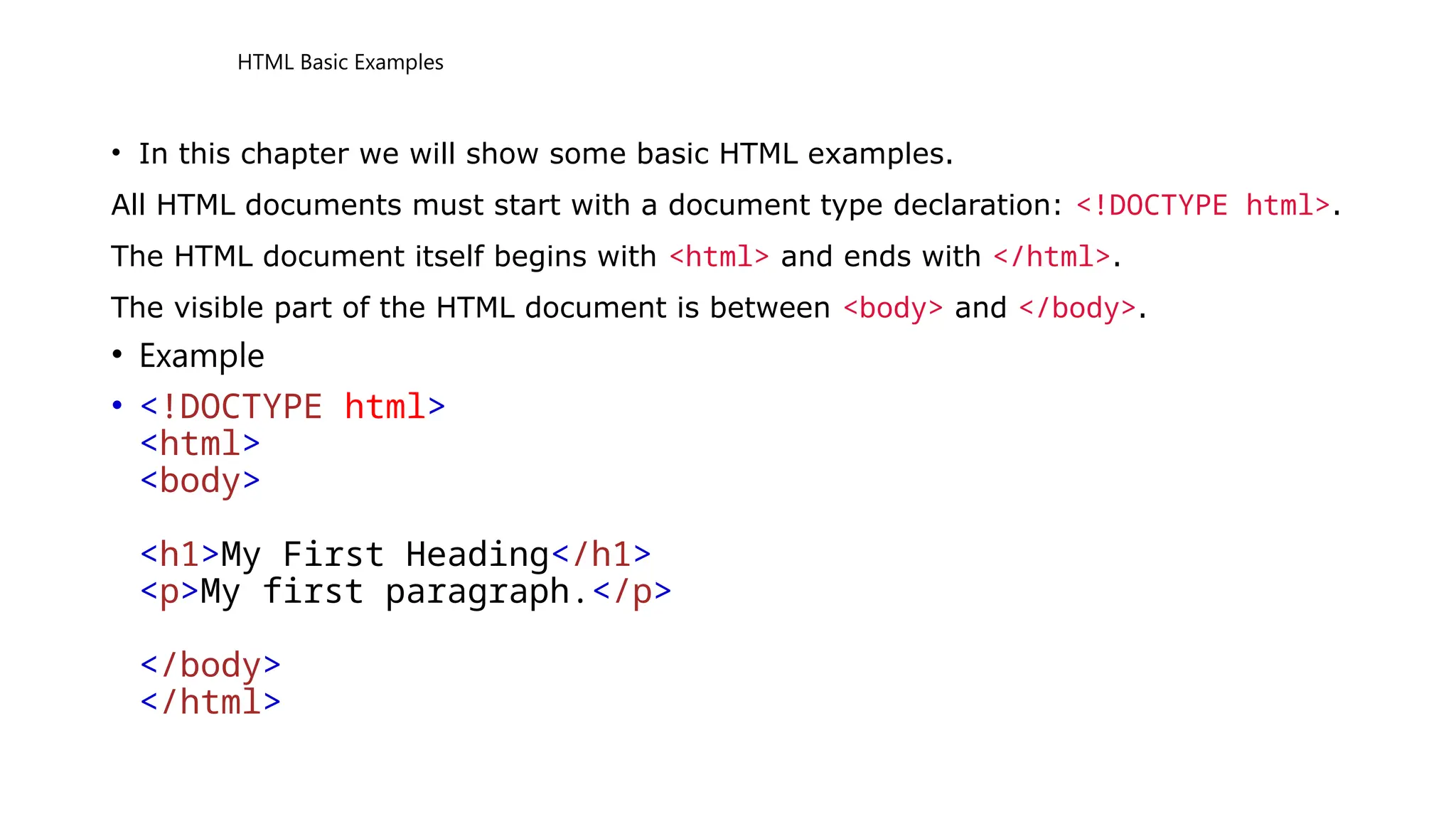 HTML Basic Examples
• In this chapter we will show some basic HTML examples.
All HTML documents must start with a document type declaration: <!DOCTYPE html>.
The HTML document itself begins with <html> and ends with </html>.
The visible part of the HTML document is between <body> and </body>.
• Example
• <!DOCTYPE html>
<html>
<body>
<h1>My First Heading</h1>
<p>My first paragraph.</p>
</body>
</html>
 