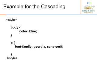 <style>
body {
color: blue;
}
p {
font-family: georgia, sans-serif;
}
</style>
Example for the Cascading
 