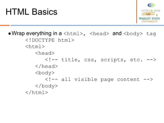 ●Wrap everything in a <html>, <head> and <body> tag
<!DOCTYPE html>
<html>
<head>
<!-- title, css, scripts, etc. -->
</head>
<body>
<!-- all visible page content -->
</body>
</html>
HTML Basics
 