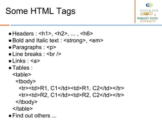 ●Headers : <h1>, <h2>, ... , <h6>
●Bold and Italic text : <strong>, <em>
●Paragraphs : <p>
●Line breaks : <br />
●Links : <a>
●Tables :
<table>
<tbody>
<tr><td>R1, C1</td><td>R1, C2</td></tr>
<tr><td>R2, C1</td><td>R2, C2</td></tr>
</tbody>
</table>
●Find out others ...
Some HTML Tags
 