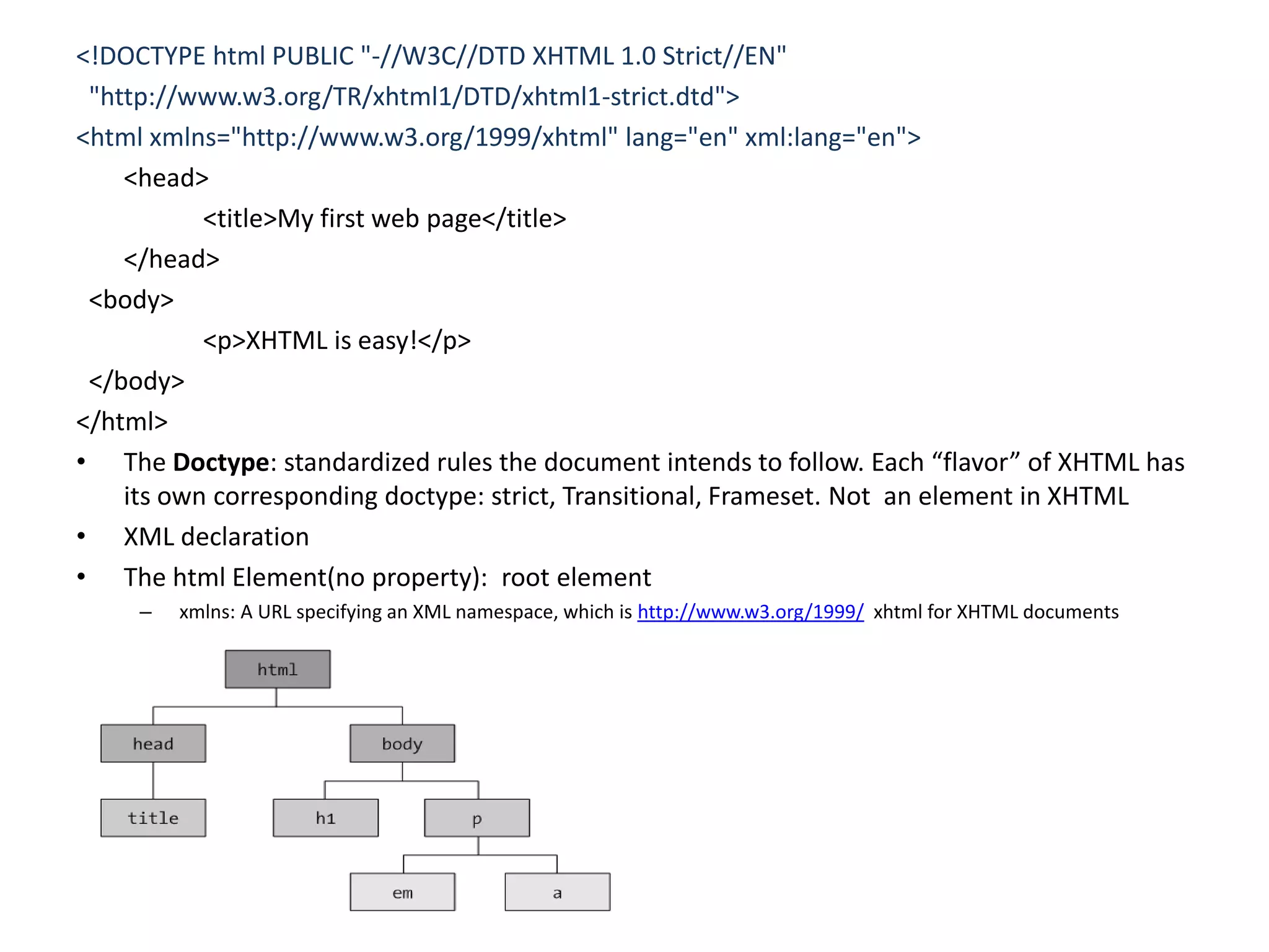 <!DOCTYPE html PUBLIC "-//W3C//DTD XHTML 1.0 Strict//EN"
"http://www.w3.org/TR/xhtml1/DTD/xhtml1-strict.dtd">
<html xmlns="http://www.w3.org/1999/xhtml" lang="en" xml:lang="en">
<head>
<title>My first web page</title>
</head>
<body>
<p>XHTML is easy!</p>
</body>
</html>
• The Doctype: standardized rules the document intends to follow. Each “flavor” of XHTML has
its own corresponding doctype: strict, Transitional, Frameset. Not an element in XHTML
• XML declaration
• The html Element(no property): root element
– xmlns: A URL specifying an XML namespace, which is http://www.w3.org/1999/ xhtml for XHTML documents
 