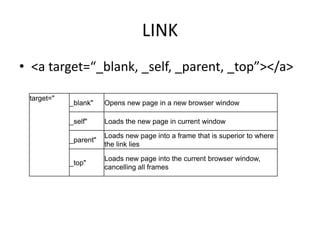 LINK
• <a target=“_blank, _self, _parent, _top”></a>
target="
_blank" Opens new page in a new browser window
_self" Loads the new page in current window
_parent"
Loads new page into a frame that is superior to where
the link lies
_top"
Loads new page into the current browser window,
cancelling all frames
 