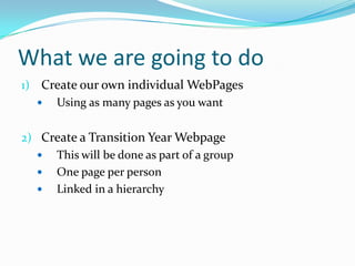 What we are going to do
1) Create our own individual WebPages
Using as many pages as you want
2) Create a Transition Year Webpage
This will be done as part of a group
One page per person
Linked in a hierarchy