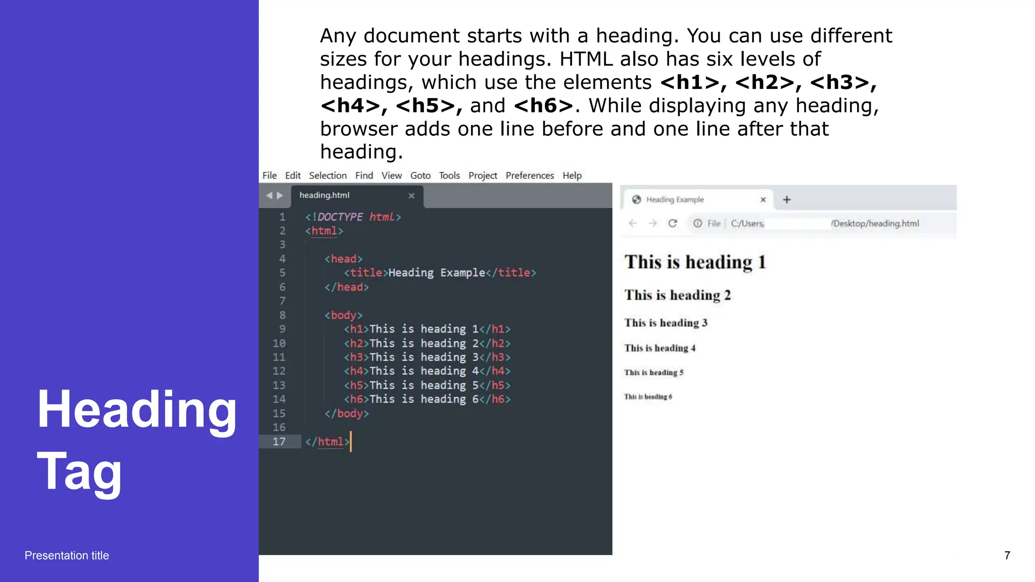 Heading
Tag
Presentation title 20XX 7
Any document starts with a heading. You can use different
sizes for your headings. HTML also has six levels of
headings, which use the elements <h1>, <h2>, <h3>,
<h4>, <h5>, and <h6>. While displaying any heading,
browser adds one line before and one line after that
heading.
 