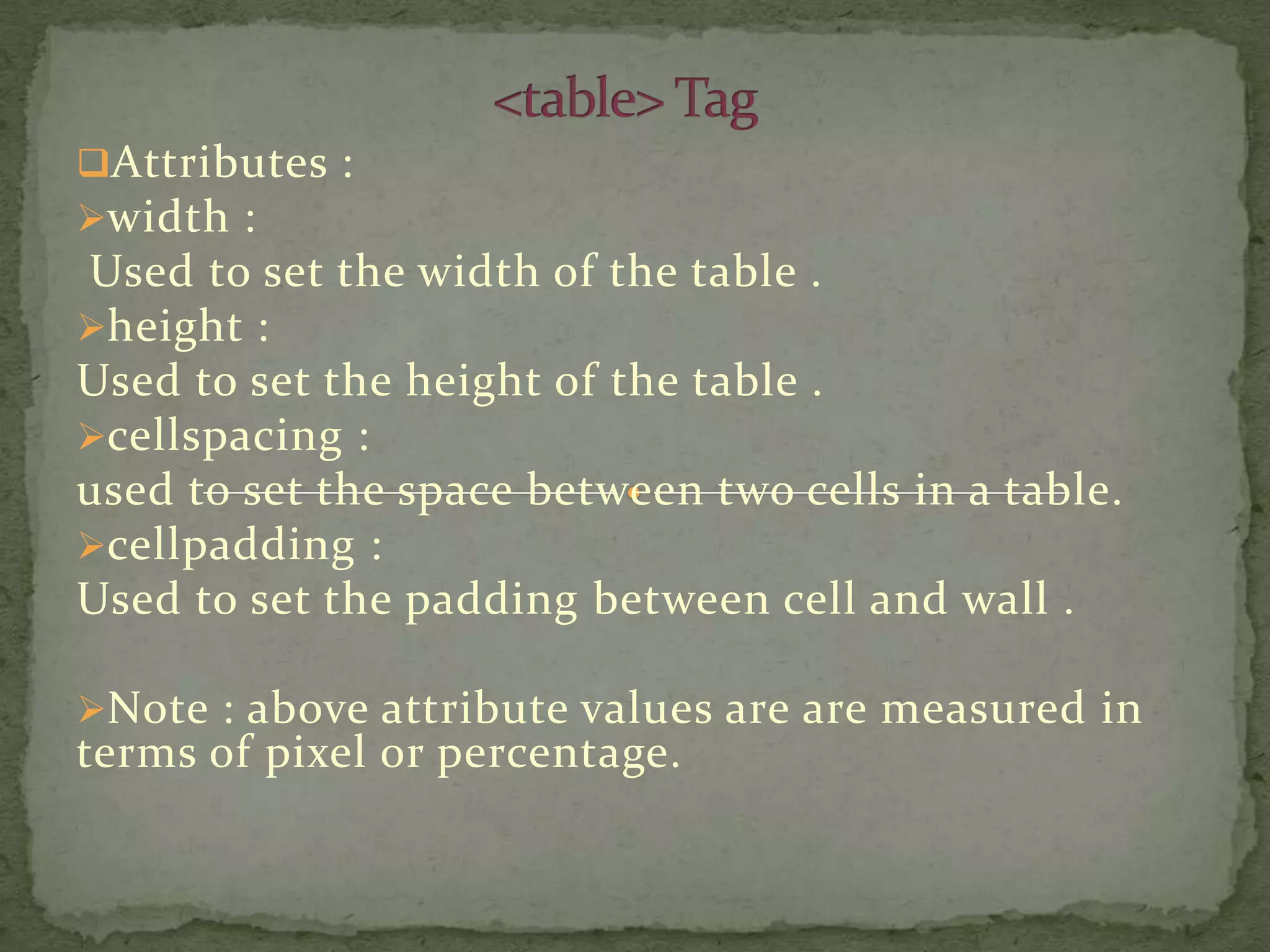 Attributes :
width :
Used to set the width of the table .
height :
Used to set the height of the table .
cellspacing :
used to set the space between two cells in a table.
cellpadding :
Used to set the padding between cell and wall .

Note : above attribute values are are measured in
terms of pixel or percentage.
 