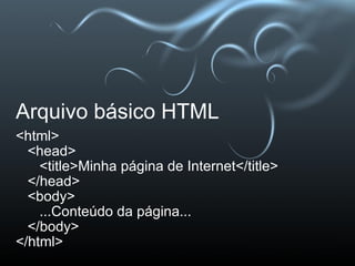 Arquivo básico HTML <html>     <head>        <title>Minha página de Internet</title>     </head>     <body>        ...Conteúdo da página...     </body> </html> 