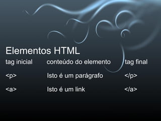 Elementos HTML tag inicial        conteúdo do elemento        tag final   <p>                 Isto é um parágrafo            </p>   <a>                 Isto é um link                      </a>  