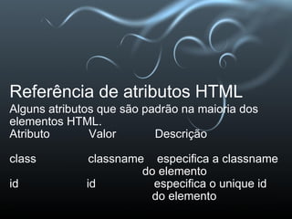 Referência de atributos HTML Alguns atributos que são padrão na maioria dos elementos HTML. Atributo            Valor            Descrição   class                classname    especifica a classname                                             do elemento id                     id                  especifica o unique id                                                do elemento 
