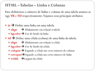 HTML –Tabelas – Linha e Colunas
Para definirmos o número de linhas e colunas de uma tabela usamos as
tags TR e TD respectivamente.Vejamos seus principais atributos
 tr  Define uma linha em uma tabela
 align  Alinhamento em relação à tabela
 bgcolor  Cor de fundo da linha
 td  Define uma célula (coluna) de uma linha da tabela.
 align  Alinhamento em relação à célula
 bgcolor  Cor de fundo da célula
 colspan  Expande a célula um certo número de colunas
 rowspanExpande a célula um certo número de linha
 width Largura da célula
21
 