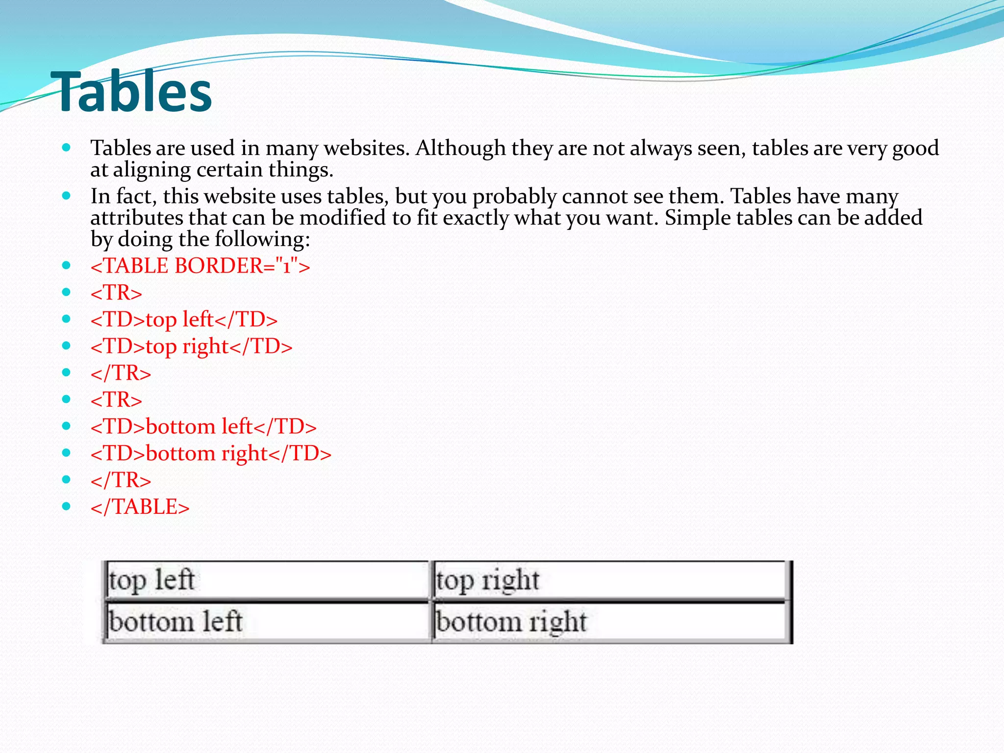 Tables
 Tables are used in many websites. Although they are not always seen, tables are very good
  at aligning certain things.
 In fact, this website uses tables, but you probably cannot see them. Tables have many
  attributes that can be modified to fit exactly what you want. Simple tables can be added
  by doing the following:
 <TABLE BORDER="1">
 <TR>
 <TD>top left</TD>
 <TD>top right</TD>
 </TR>
 <TR>
 <TD>bottom left</TD>
 <TD>bottom right</TD>
 </TR>
 </TABLE>
 