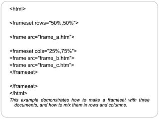 <html> 
<frameset rows="50%,50%"> 
<frame src="frame_a.htm"> 
<frameset cols="25%,75%"> 
<frame src="frame_b.htm"> 
<frame src="frame_c.htm"> 
</frameset> 
</frameset> 
</html> 
This example demonstrates how to make a frameset with three 
documents, and how to mix them in rows and columns. 
 