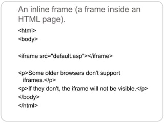 An inline frame (a frame inside an 
HTML page). 
<html> 
<body> 
<iframe src="default.asp"></iframe> 
<p>Some older browsers don't support 
iframes.</p> 
<p>If they don't, the iframe will not be visible.</p> 
</body> 
</html> 
 