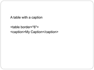 A table with a caption 
<table border="6"> 
<caption>My Caption</caption> 
 