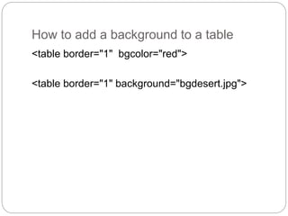 How to add a background to a table 
<table border="1" bgcolor="red"> 
<table border="1" background="bgdesert.jpg"> 
 