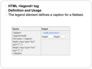  HTML <legend> tag 
 Definition and Usage 
 The legend element defines a caption for a fieldset. 
 