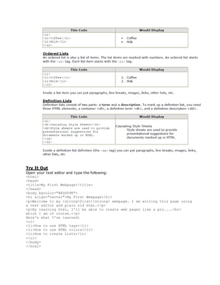 Try It Out
Open your text editor and type the following:
<html>
<head>
<title>My First Webpage</title>
</head>
<body bgcolor="#EDDD9E">
<h1 align="center">My First Webpage</h1>
<p>Welcome to my <strong>first</strong> webpage. I am writing this page using
a text editor and plain old html.</p>
<p>By learning html, I'll be able to create web pages like a pro....<br>
which I am of course.</p>
Here's what I've learned:
<ul>
<li>How to use HTML tags</li>
<li>How to use HTML colors</li>
<li>How to create Lists</li>
</ul>
</body>
</html>
 
