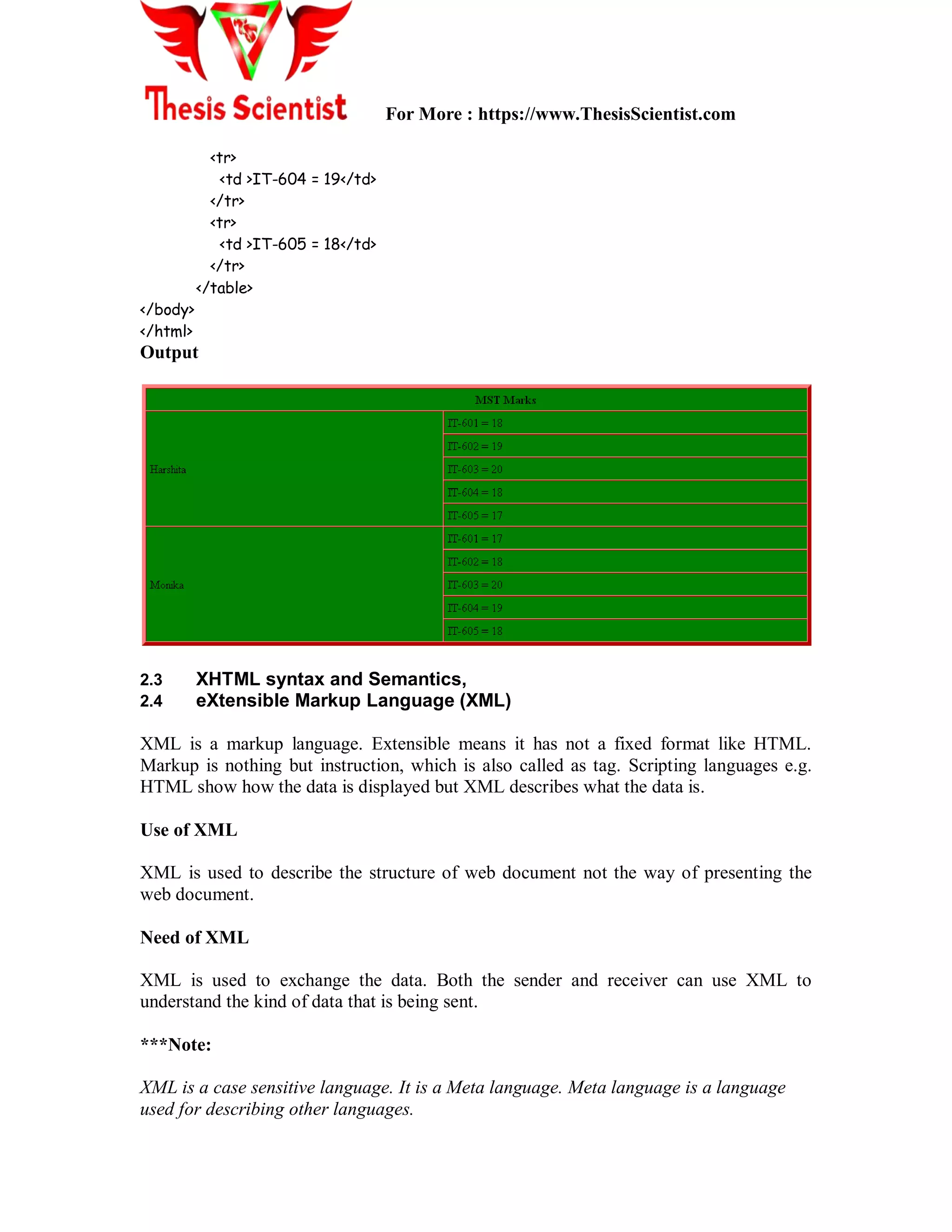 For More : https://www.ThesisScientist.com
<tr>
<td >IT-604 = 19</td>
</tr>
<tr>
<td >IT-605 = 18</td>
</tr>
</table>
</body>
</html>
Output
2.3 XHTML syntax and Semantics,
2.4 eXtensible Markup Language (XML)
XML is a markup language. Extensible means it has not a fixed format like HTML.
Markup is nothing but instruction, which is also called as tag. Scripting languages e.g.
HTML show how the data is displayed but XML describes what the data is.
Use of XML
XML is used to describe the structure of web document not the way of presenting the
web document.
Need of XML
XML is used to exchange the data. Both the sender and receiver can use XML to
understand the kind of data that is being sent.
***Note:
XML is a case sensitive language. It is a Meta language. Meta language is a language
used for describing other languages.
 