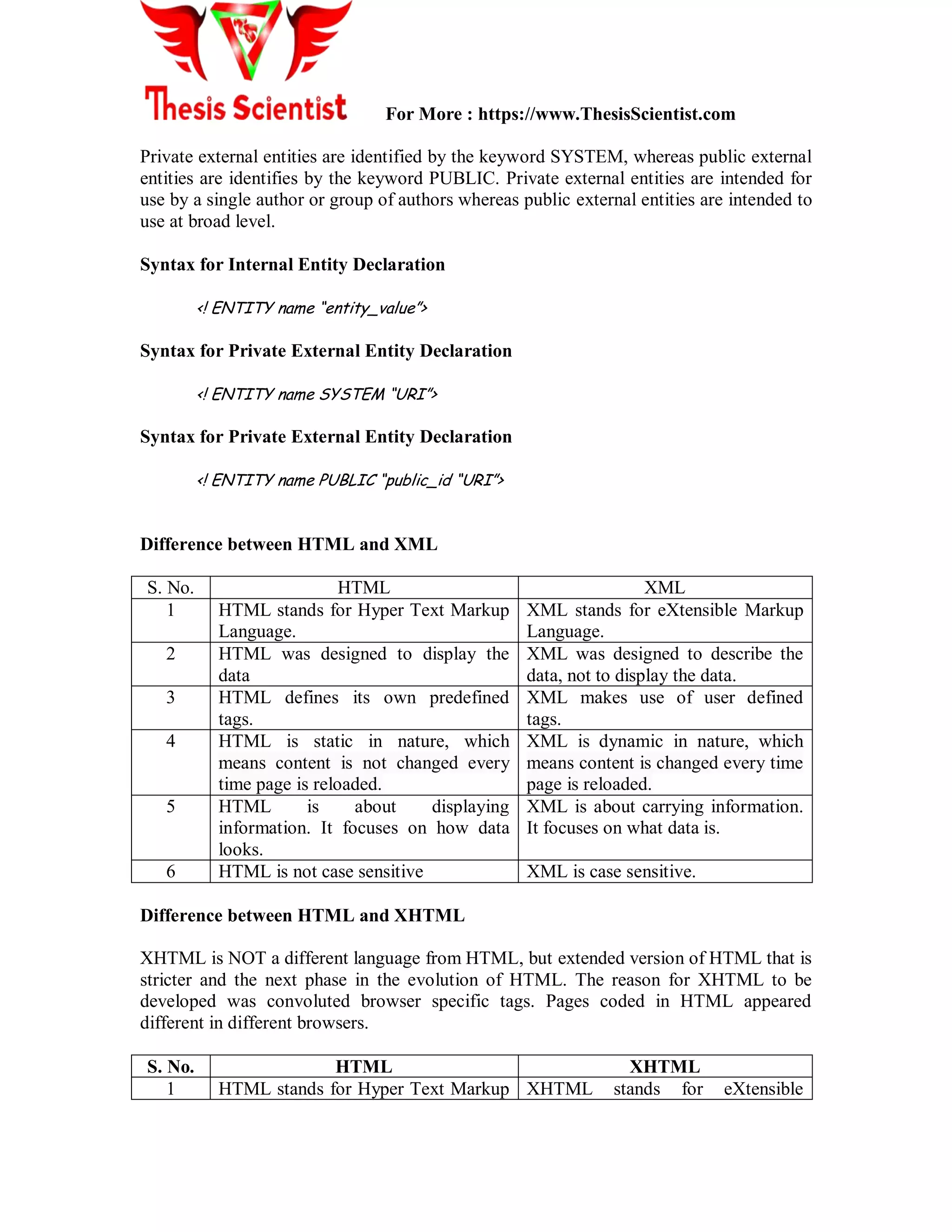 For More : https://www.ThesisScientist.com
Private external entities are identified by the keyword SYSTEM, whereas public external
entities are identifies by the keyword PUBLIC. Private external entities are intended for
use by a single author or group of authors whereas public external entities are intended to
use at broad level.
Syntax for Internal Entity Declaration
<! ENTITY name “entity_value”>
Syntax for Private External Entity Declaration
<! ENTITY name SYSTEM “URI”>
Syntax for Private External Entity Declaration
<! ENTITY name PUBLIC “public_id “URI”>
Difference between HTML and XML
S. No. HTML XML
1 HTML stands for Hyper Text Markup
Language.
XML stands for eXtensible Markup
Language.
2 HTML was designed to display the
data
XML was designed to describe the
data, not to display the data.
3 HTML defines its own predefined
tags.
XML makes use of user defined
tags.
4 HTML is static in nature, which
means content is not changed every
time page is reloaded.
XML is dynamic in nature, which
means content is changed every time
page is reloaded.
5 HTML is about displaying
information. It focuses on how data
looks.
XML is about carrying information.
It focuses on what data is.
6 HTML is not case sensitive XML is case sensitive.
Difference between HTML and XHTML
XHTML is NOT a different language from HTML, but extended version of HTML that is
stricter and the next phase in the evolution of HTML. The reason for XHTML to be
developed was convoluted browser specific tags. Pages coded in HTML appeared
different in different browsers.
S. No. HTML XHTML
1 HTML stands for Hyper Text Markup XHTML stands for eXtensible
 